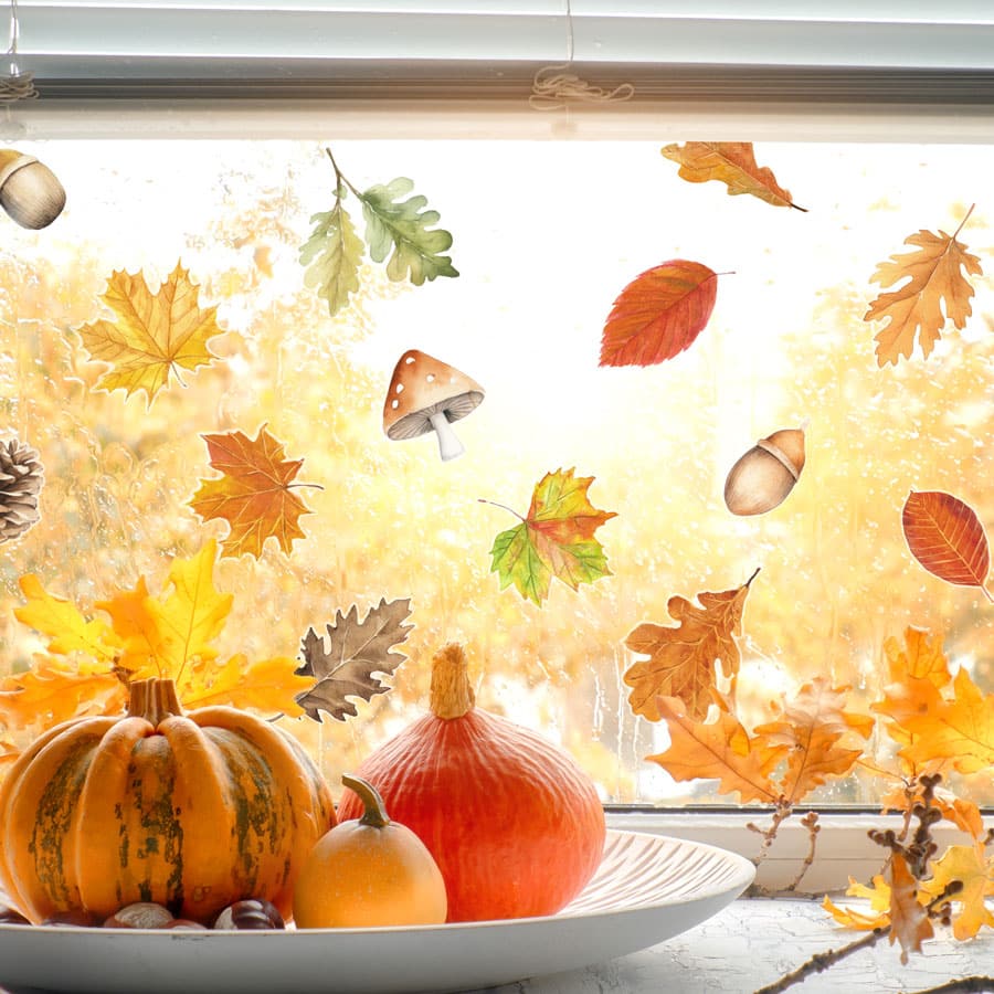 Autumn Window Stickers on window with pumpkins, leaves and acorns