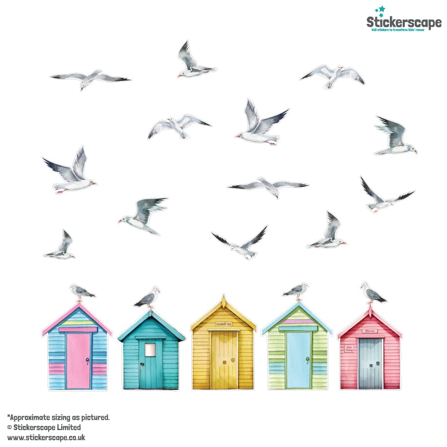 Seagulls and Beach Huts window stickers on a white background