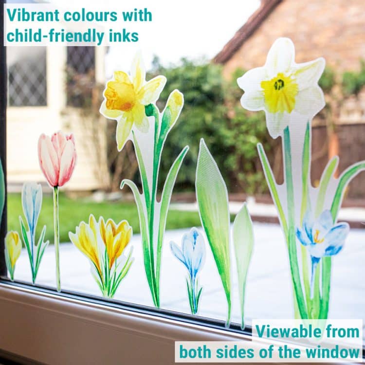 Spring Flowers Window Stickers close-up on a patio window