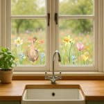 Spring Flowers Window Stickers on a kitchen window in country kitchen with wild flowers outside