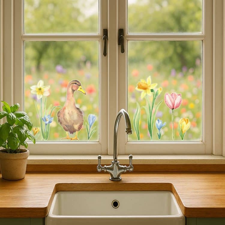 Spring Flowers Window Stickers on a kitchen window in country kitchen with wild flowers outside