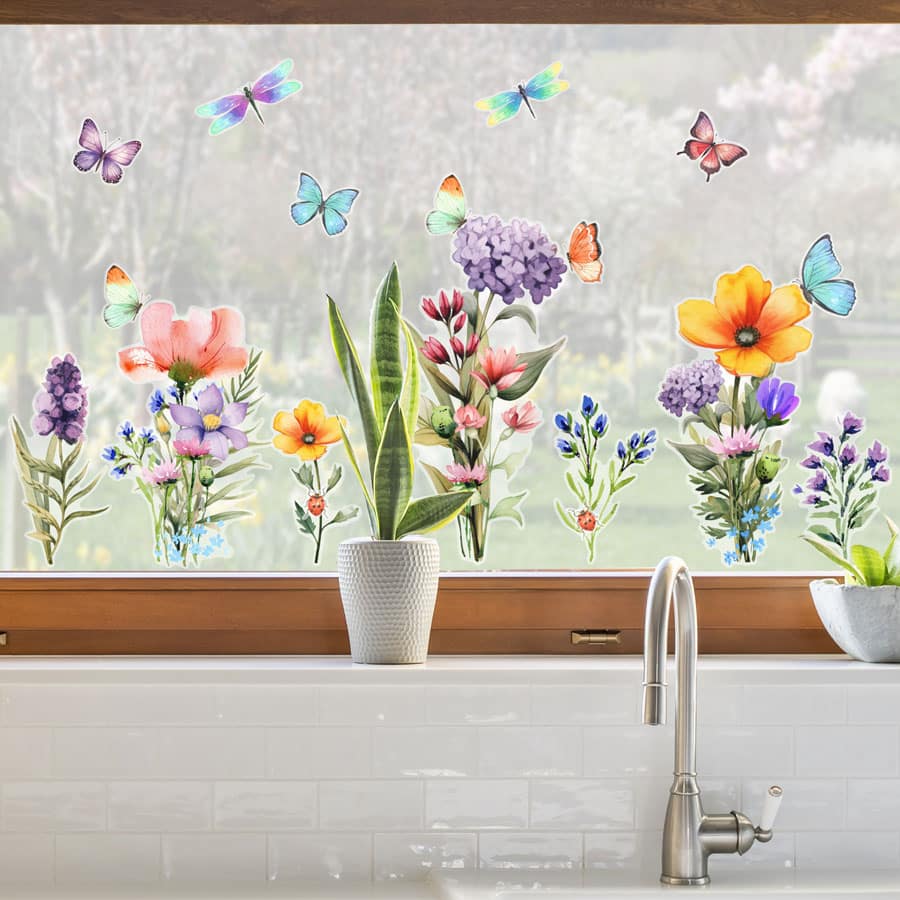 Summer Flowers Window Stickers on window on a kitchen window above a sink