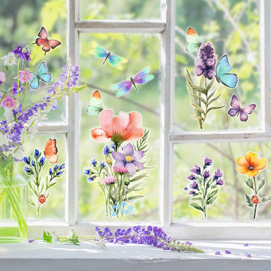 Summer Flowers Window Stickers on window with garden behind