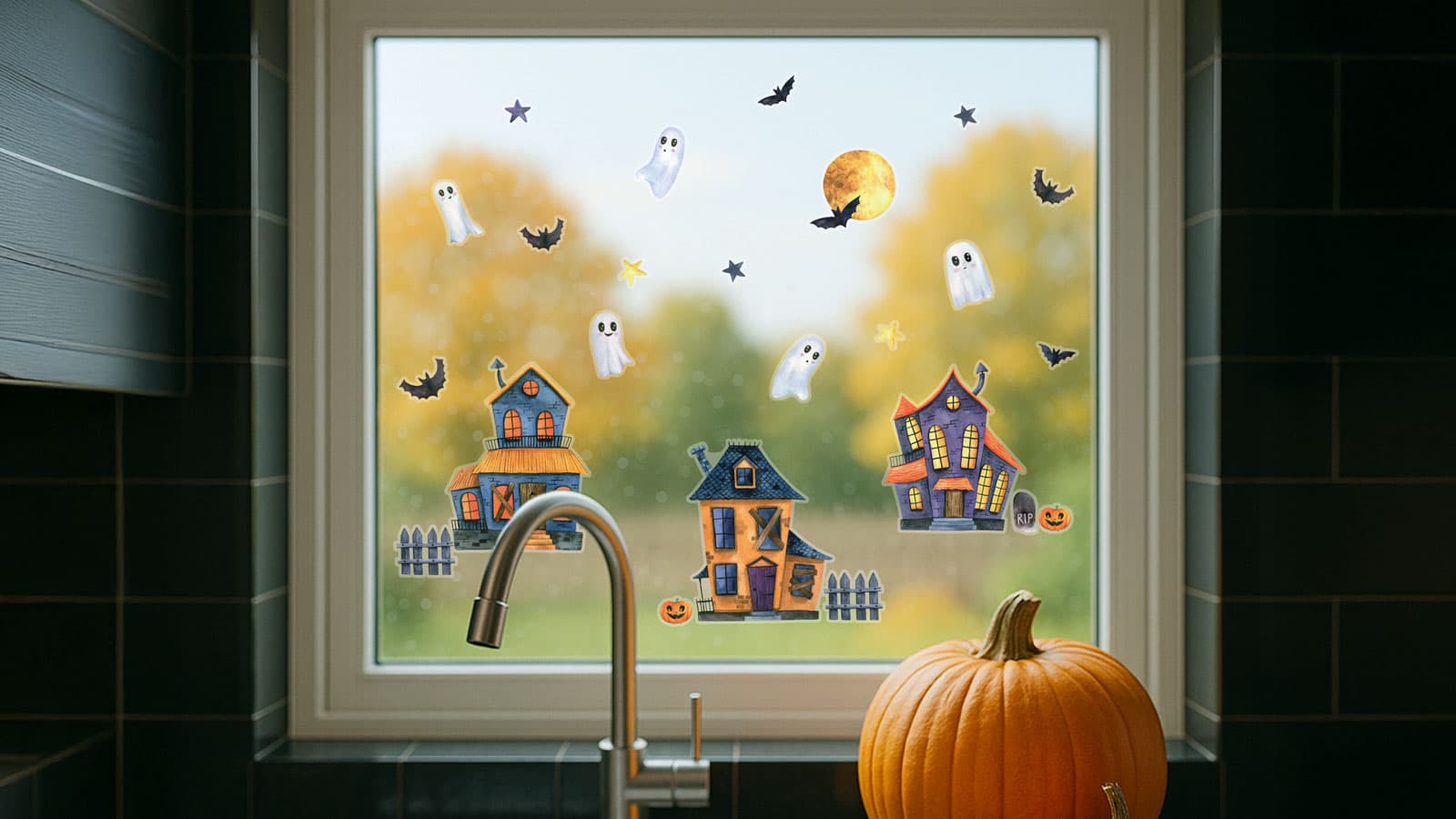 Haunted Village Halloween themed window stickers on a kitchen window