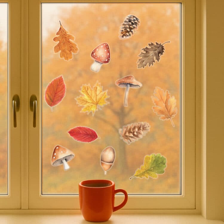 Autumn Leaves window stickers on a window in a home during Autumn