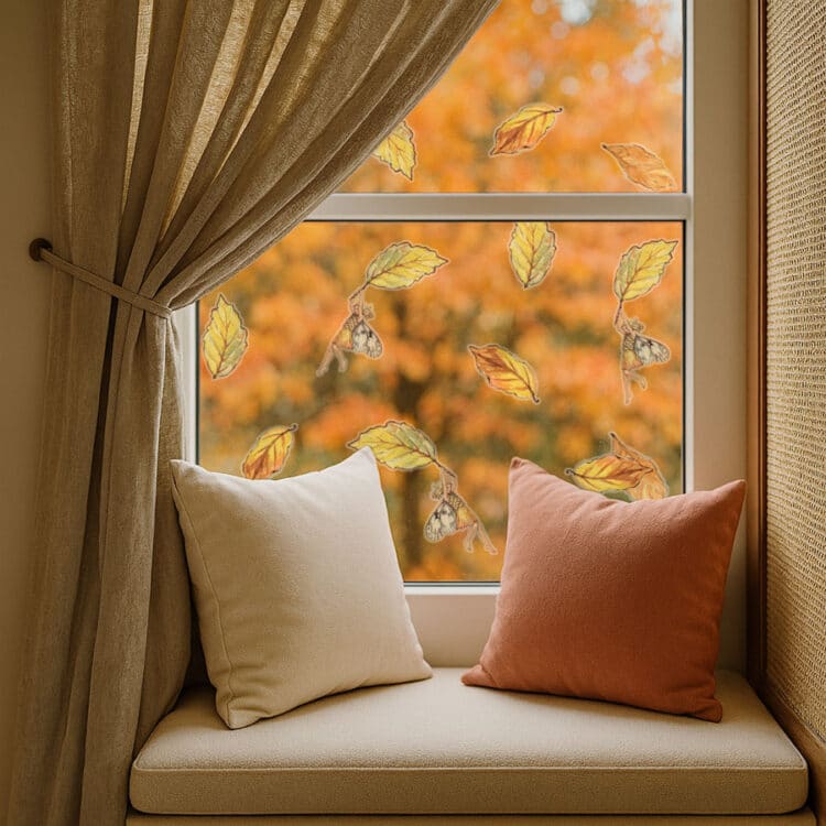 autumn flower fairies window stickers in a window with cushions at fall